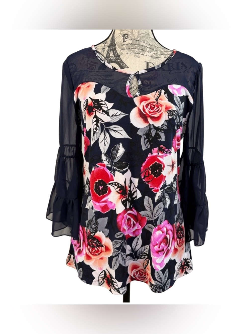 Adele & May | Pink Floral Navy Blouse Sheer Tiered Bell Sleeve Mesh Top Sz M